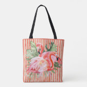 Roze vlamingen Tropische bladeren Koraalstrips Tote Bag (Achterkant)