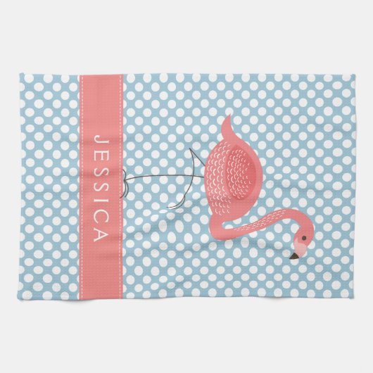 Roze vlamJon met blauw en wit pokadot Theedoek (Horizontaal)