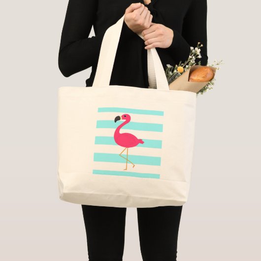 Roze vlamJon op lichte Blauwgroen strepen Grote Tote Bag (Voorkant (product))