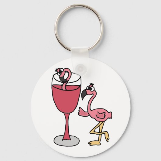 Roze vleugelflamingo in Blush Wine Glass Sleutelhanger (Voorkant)