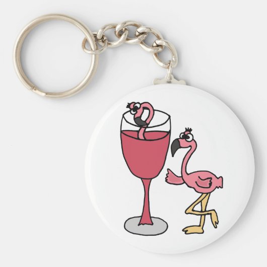 Roze vleugelflamingo in Blush Wine Glass Sleutelhanger (Voorkant)