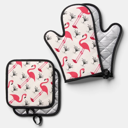 Roze vleugelvleugel en palmboom ovenwant & pannenlap set (Voorkant / Achterkant)