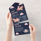 roze vliegdekvliegtuigen Navy Blue Baby shower All In One Uitnodiging (Afscheurbaar)