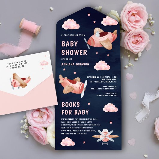 roze vliegdekvliegtuigen Navy Blue Baby shower All In One Uitnodiging