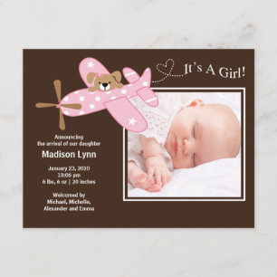 Roze vliegtuig Baby Girl Birth Annoucement Kaart