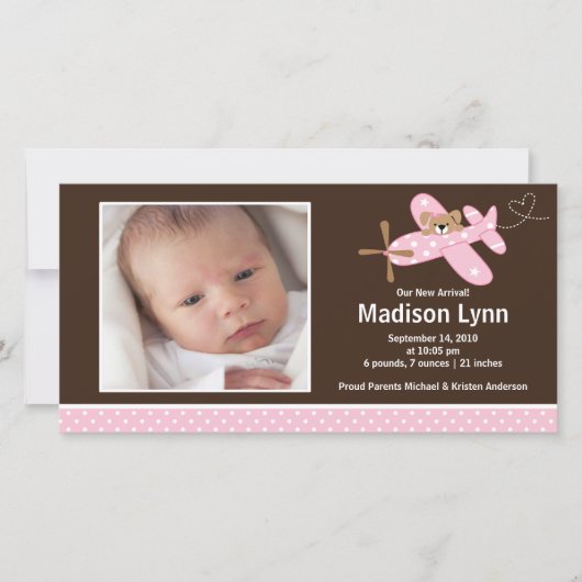 Roze Vliegtuig Baby Meisje Geboorteaankondiging Aankondiging (Voorkant)