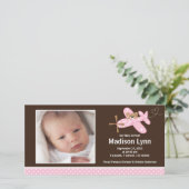 Roze Vliegtuig Baby Meisje Geboorteaankondiging Aankondiging (Staand voorkant)
