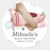 Roze  vliegtuig Baby shower Hartelijk dank Ronde Sticker (Voorkant)