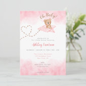 Roze Vliegtuig Beer Baby shower Invitation Kaart (Staand voorkant)