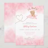 Roze Vliegtuig Beer Baby shower Invitation Kaart (Voorkant / Achterkant)