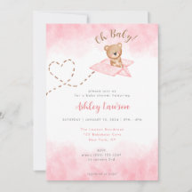 Roze Vliegtuig Beer Baby shower Invitation