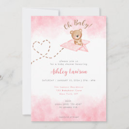 Roze Vliegtuig Beer Baby shower Invitation Kaart