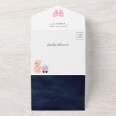 Roze vliegtuig Girl Teddy Bear Navy Baby shower All In One Uitnodiging (Buitenkant)