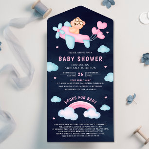 Roze Vliegtuig Meisje Teddybeer Marine Baby Shower All In One Uitnodiging