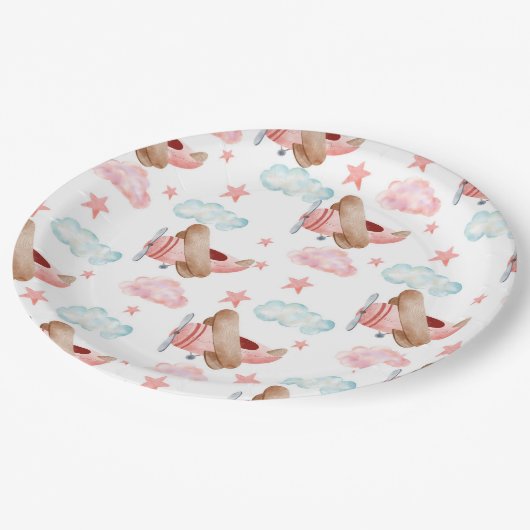  roze vliegtuig Pilot Birthday Party Papieren Bordje (Gekanteld)