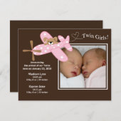 Roze vliegtuig tweeling meisjes geboorteaankondigi aankondiging (Voorkant / Achterkant)