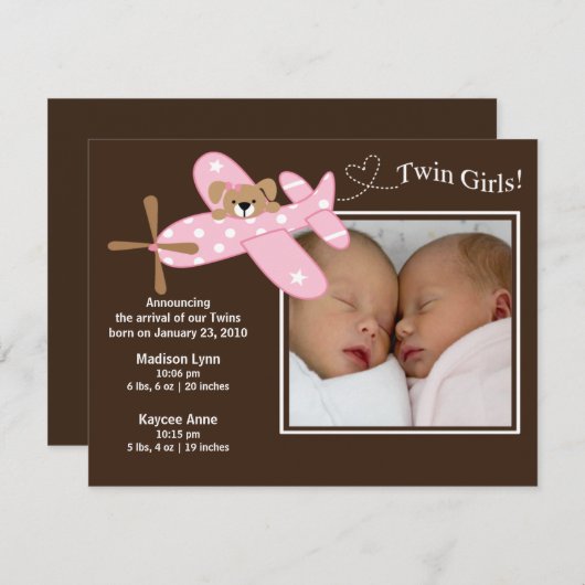 Roze vliegtuig tweeling meisjes geboorteaankondigi aankondiging (Voorkant / Achterkant)