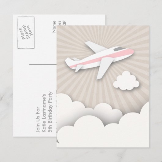 Roze Vliegtuig Verjaardag Party Briefkaart (Voorkant / Achterkant)