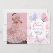 Roze Vlinder 1e Verjaardag Foto uitnodiging (Voorkant)