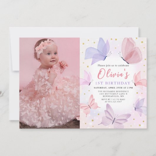 Roze Vlinder 1e Verjaardag Foto uitnodiging (Voorkant)