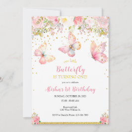 Roze Vlinder 1e Verjaardag uitnodiging