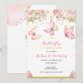 Roze Vlinder 1e Verjaardag uitnodiging (Voorkant / Achterkant)