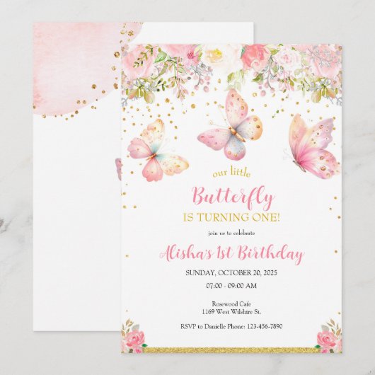 Roze Vlinder 1e Verjaardag uitnodiging (Voorkant / Achterkant)