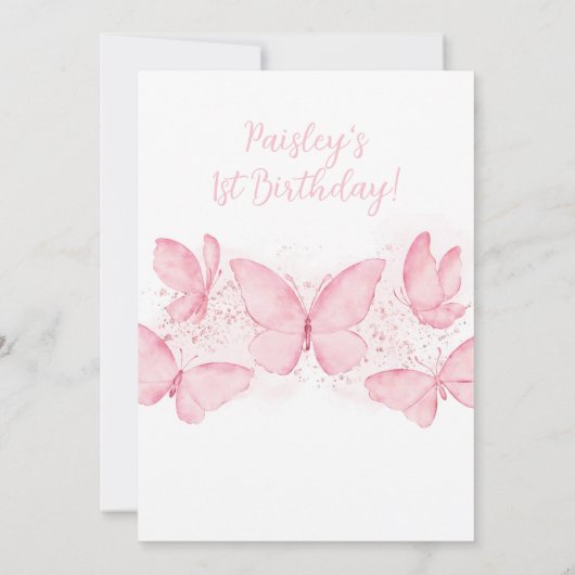 Roze vlinder 1e verjaardag Uitnodiging om baby mei (Achterkant)