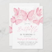 Roze vlinder 1e verjaardag Uitnodiging om baby mei (Voorkant / Achterkant)