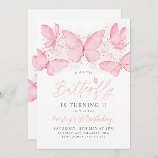 Roze vlinder 1e verjaardag Uitnodiging om baby mei (Voorkant / Achterkant)
