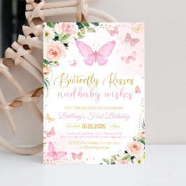 Roze Vlinder 1e Verjaardagsuitnodiging Kaart