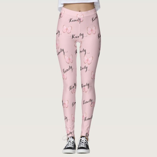 Roze Vlinder Aangepast Naam Patroon Leggings (Voorkant)