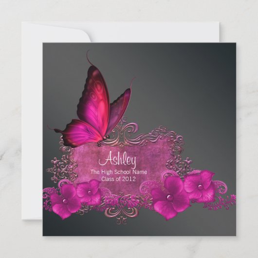 Roze Vlinder Afstudeer Uitnodigingen (Voorkant)