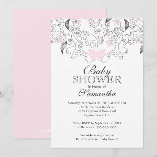  roze vlinder baby meisje Baby shower Kaart (Voorkant / Achterkant)