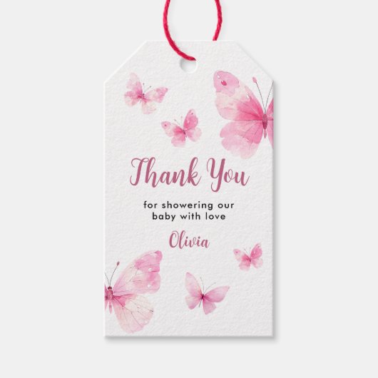 Roze Vlinder Baby Shower Bedankt Cadeaulabel (Voorkant)