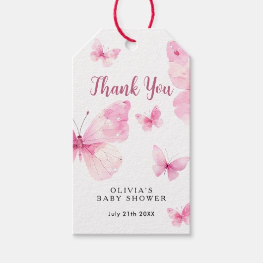 Roze Vlinder Baby Shower Bedankt Cadeaulabel (Voorkant)