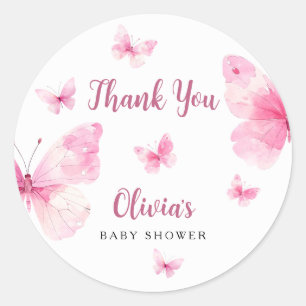 Roze Vlinder Baby Shower Bedankt Ronde Sticker