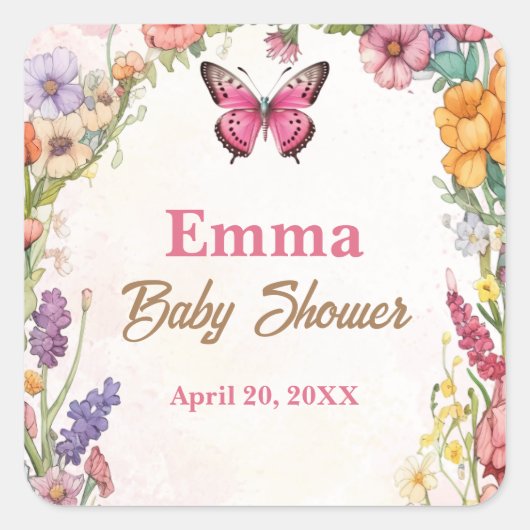 Roze Vlinder Baby shower Bloemen Tuin Vierkante Sticker (Voorkant)