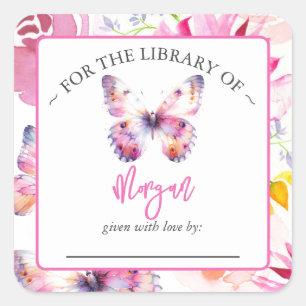 Roze Vlinder Baby shower Bookplate Vierkante Sticker