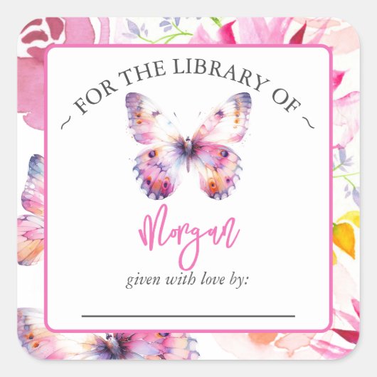 Roze Vlinder Baby shower Bookplate Vierkante Sticker (Voorkant)