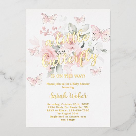 Roze vlinder Baby shower - Echte Folie Folie Uitnodiging (Voorkant)