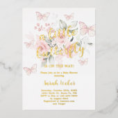 Roze vlinder Baby shower - Echte Folie Uitnodiging (Voorkant)