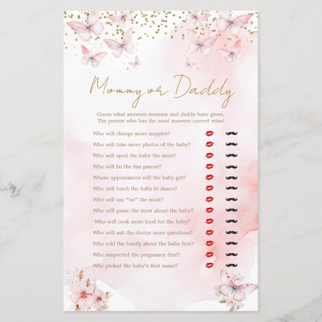 Roze Vlinder Baby shower Mama of Daddy Game (Voorkant)