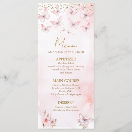 Roze Vlinder Baby shower Meisje Baby shower Menu (Voorkant)