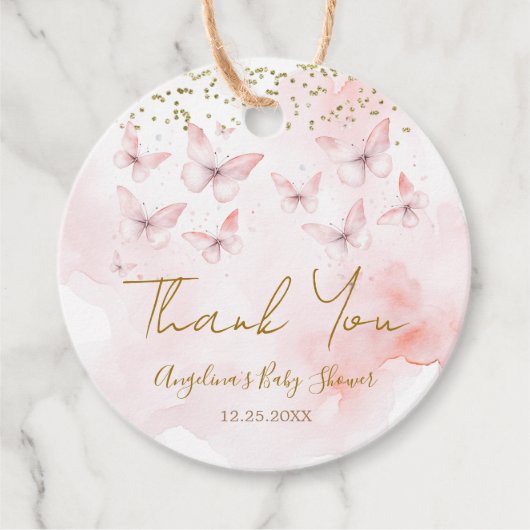 Roze Vlinder Baby shower Meisje Dank je Bedankjes Labels (Voorkant)