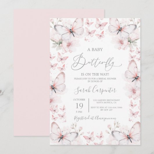 Roze Vlinder Baby shower Meisje Invitation Kaart (Voorkant / Achterkant)