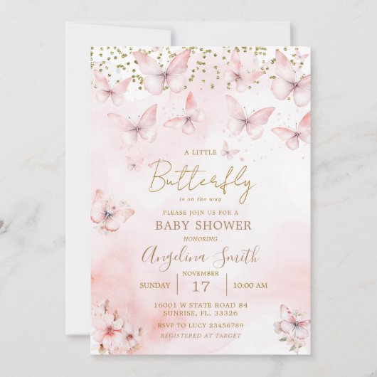 Roze Vlinder Baby shower Meisje Invitation Kaart (Voorkant)