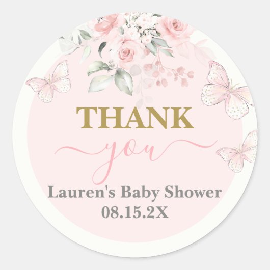 roze vlinder Baby shower meisje Ronde Sticker (Voorkant)