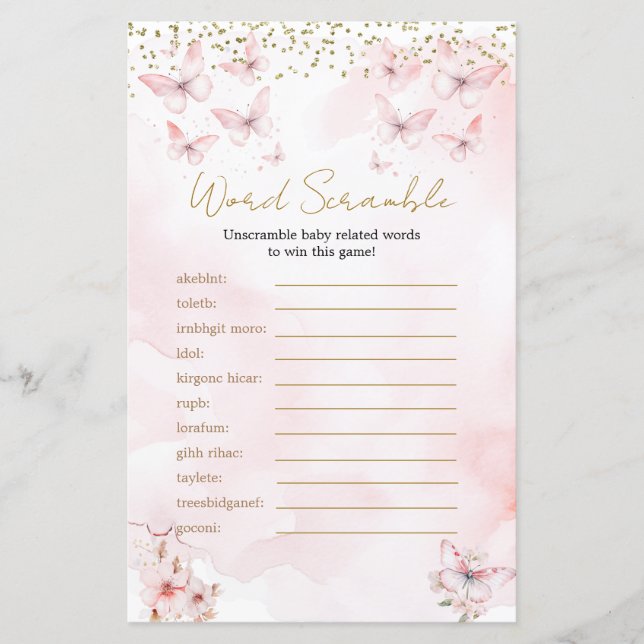 Roze Vlinder Baby shower Meisje Woord Scramble Gam (Voorkant)