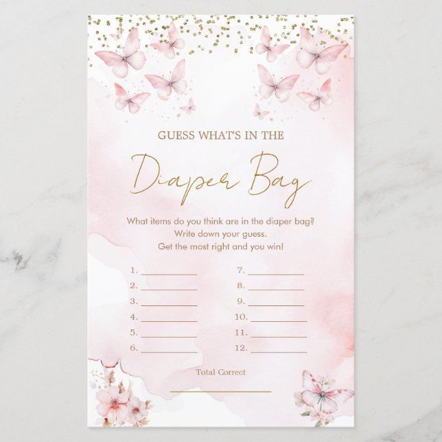 Roze Vlinder Baby shower Wat zit er in Luiertas (Voorkant)